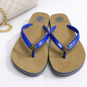 Tory Burch Cobalt T Logo Embellished Rubber Thong Flip Flop Sandal Small (5-6)